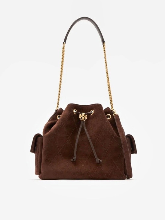 Tory Burch Handbags - Tory Burch Charlie Quilted Suede Drawstring Shoulder Bag Brown